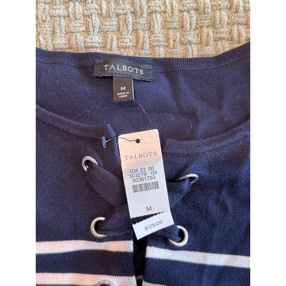 Talbots Navy nautical White Striped Lace Up Grommet Midi Sweater Dress NWT Med - Picture 8 of 9